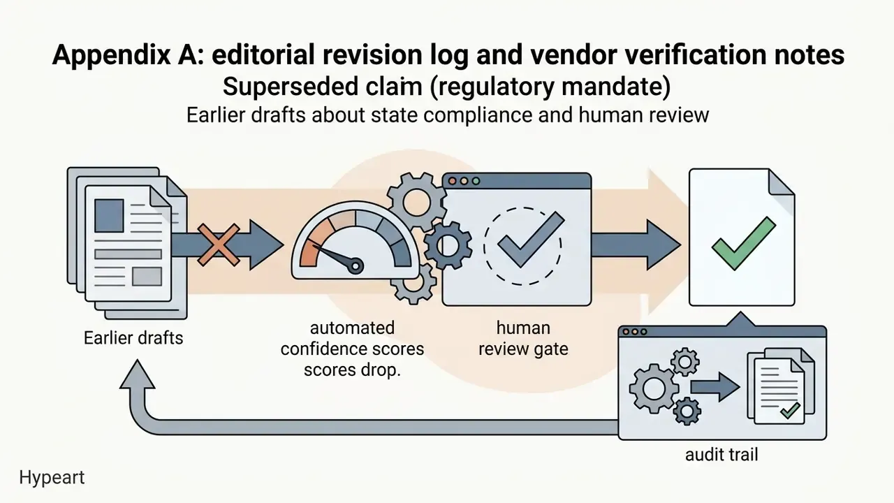 Draft documents passing through a confidence gauge and review gate to an audit trail and final approval