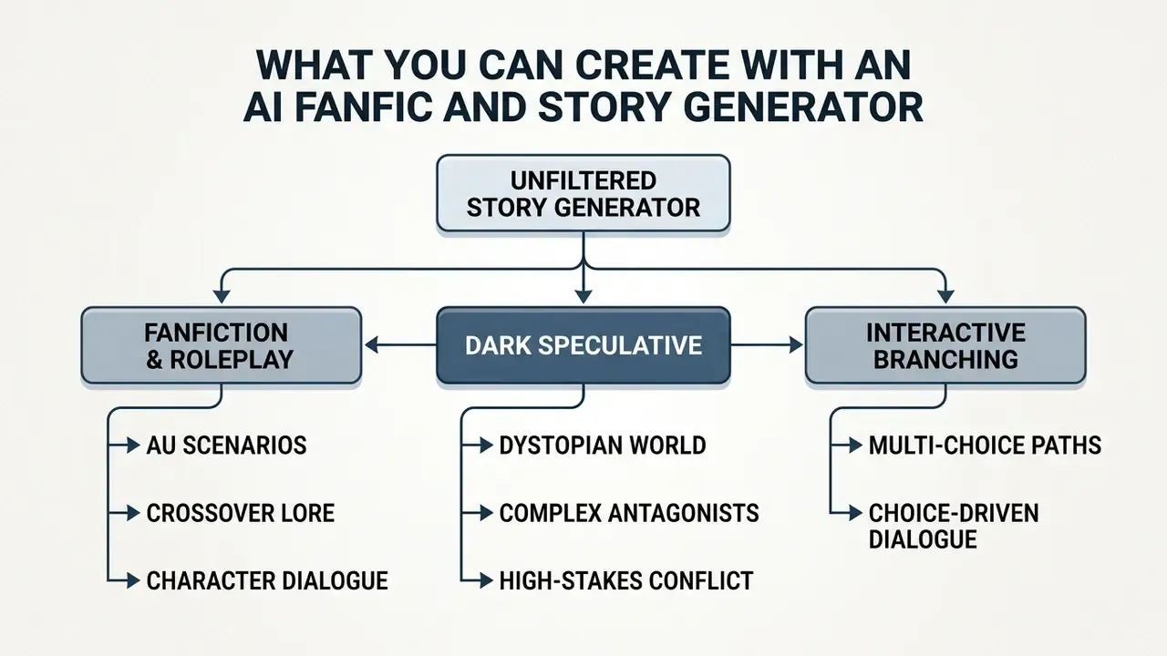 Hierarchical map of creative output categories including fanfiction, dark speculative, and branching paths
