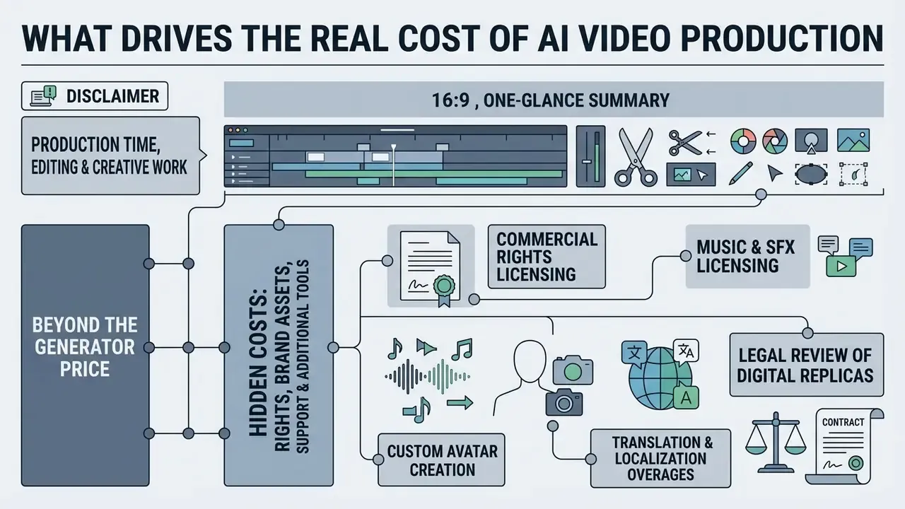 Infographic mapping the creative, licensing, and legal factors that influence AI video production costs