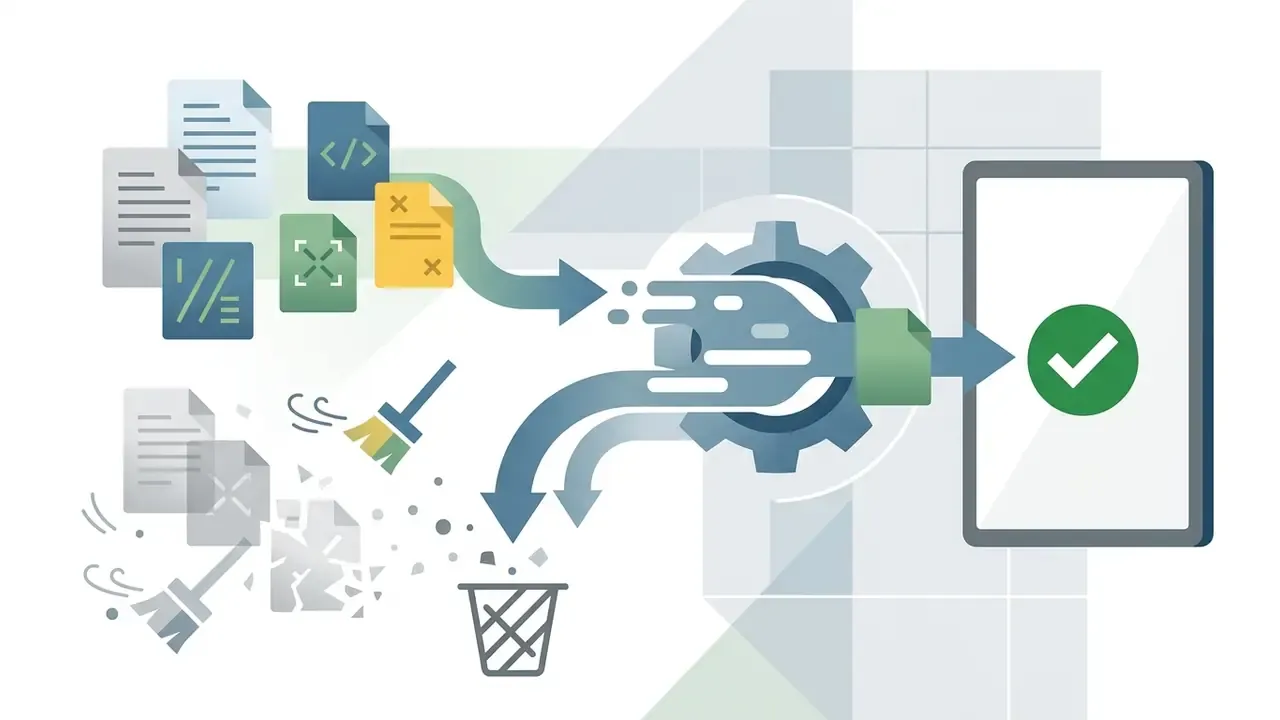 Files moving through a gear mechanism to a device while temporary data is swept into a trash bin