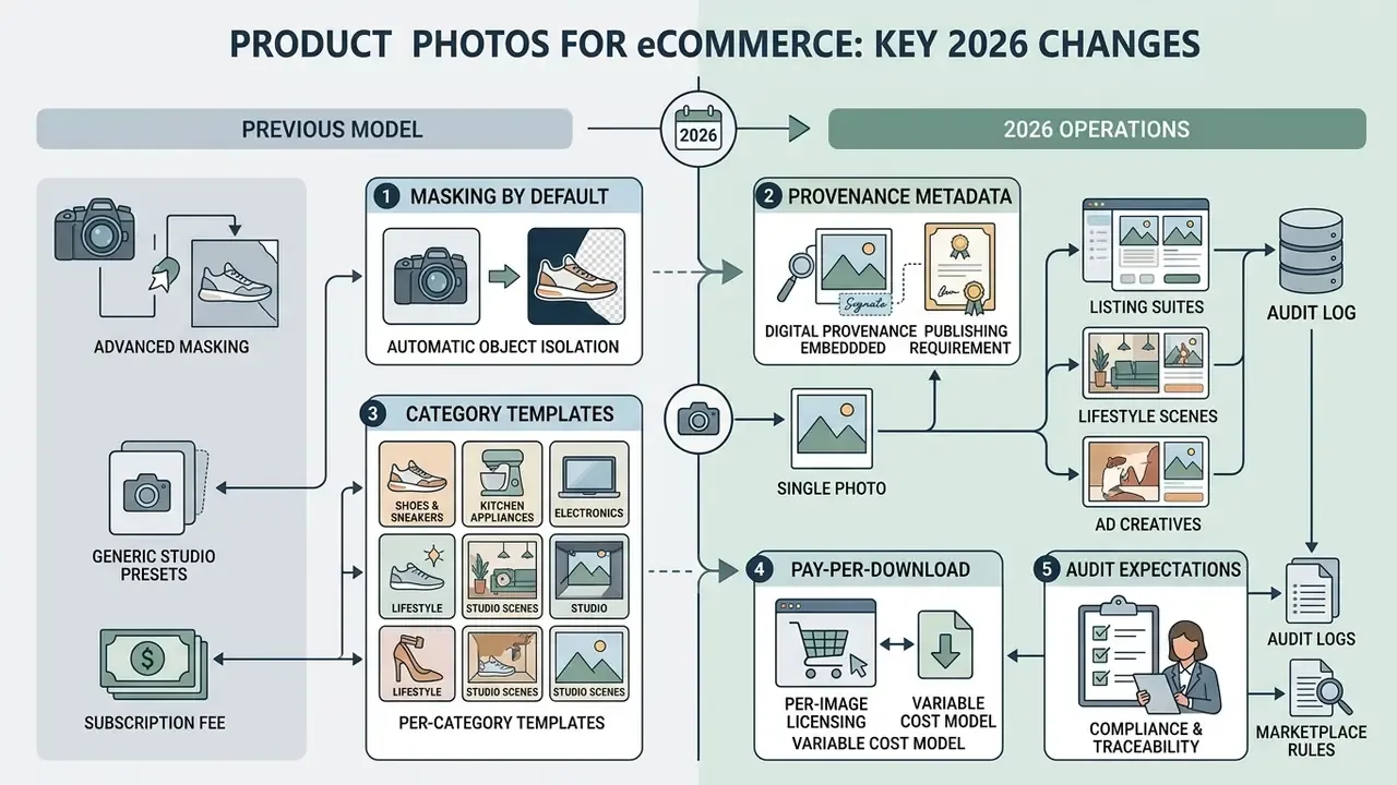 Infographic comparing previous ecommerce photo workflows with new 2026 operational standards