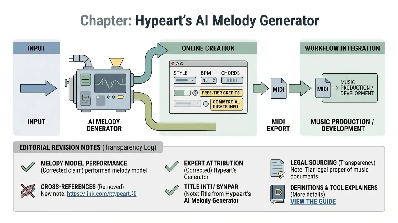 Flowchart of music software processes alongside a list of editorial corrections and transparency notes