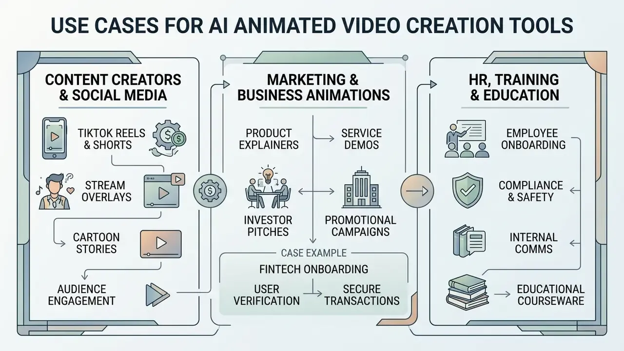 Flowchart categorizing professional applications for animated video across social media, business, and HR