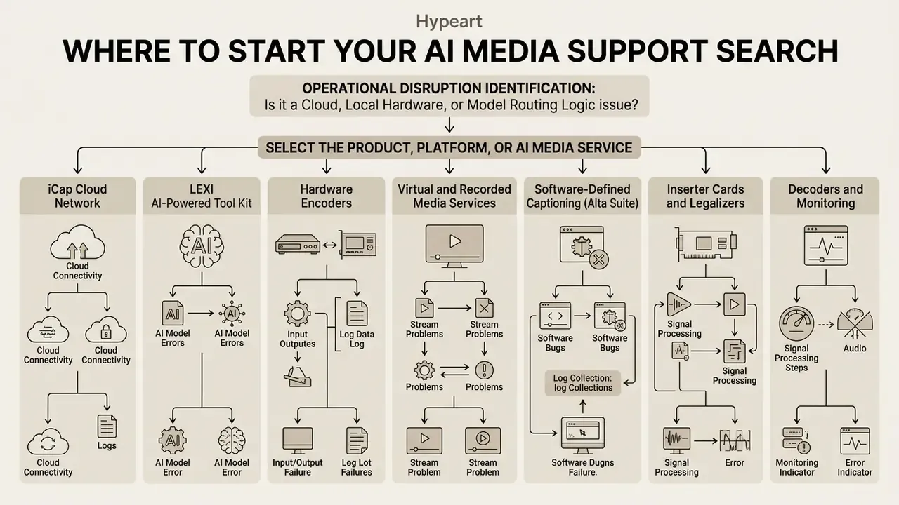 Flowchart categorizing AI media support services into cloud, hardware, and software troubleshooting paths