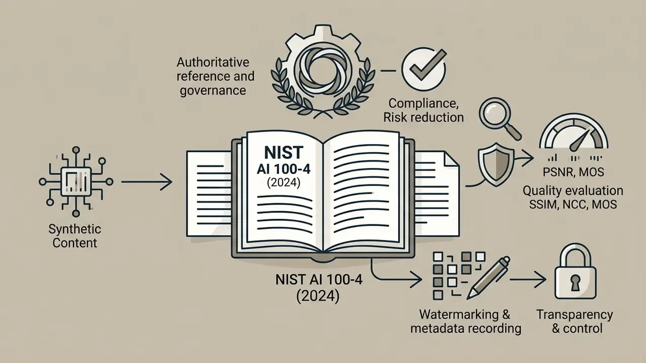 Open book representing NIST standards connected to synthetic content, quality metrics, and watermarking