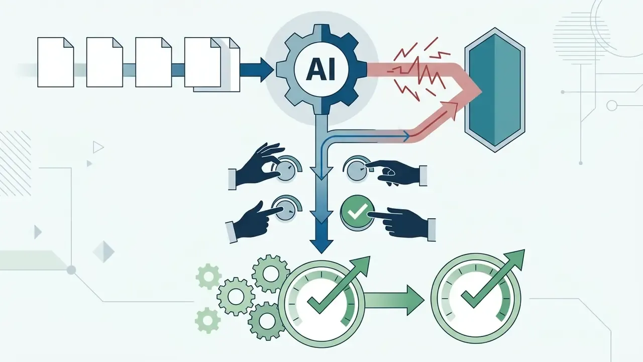 Documents feeding into an AI gear processor that filters harmful content before outputting verified text