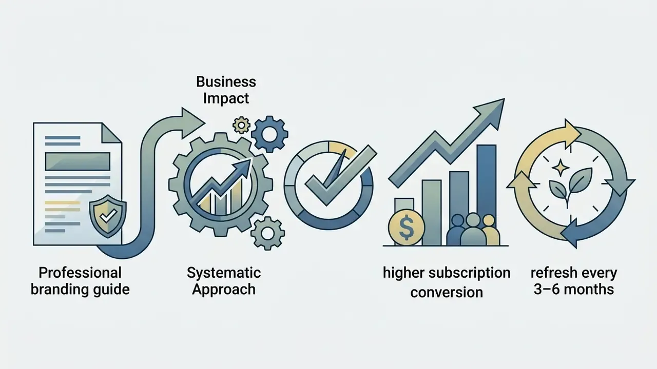 Five icons representing branding steps from a guide and systematic approach to conversion and updates