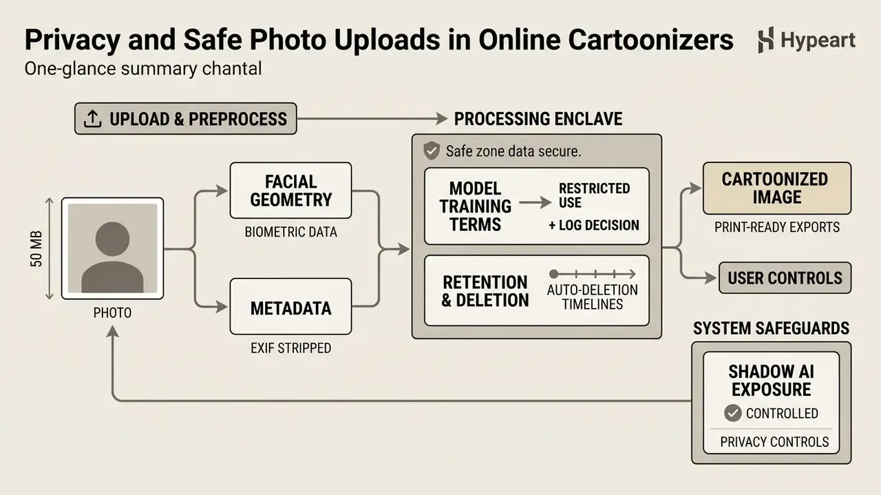 Process diagram showing data privacy steps for a cartoon picture maker from upload to final output