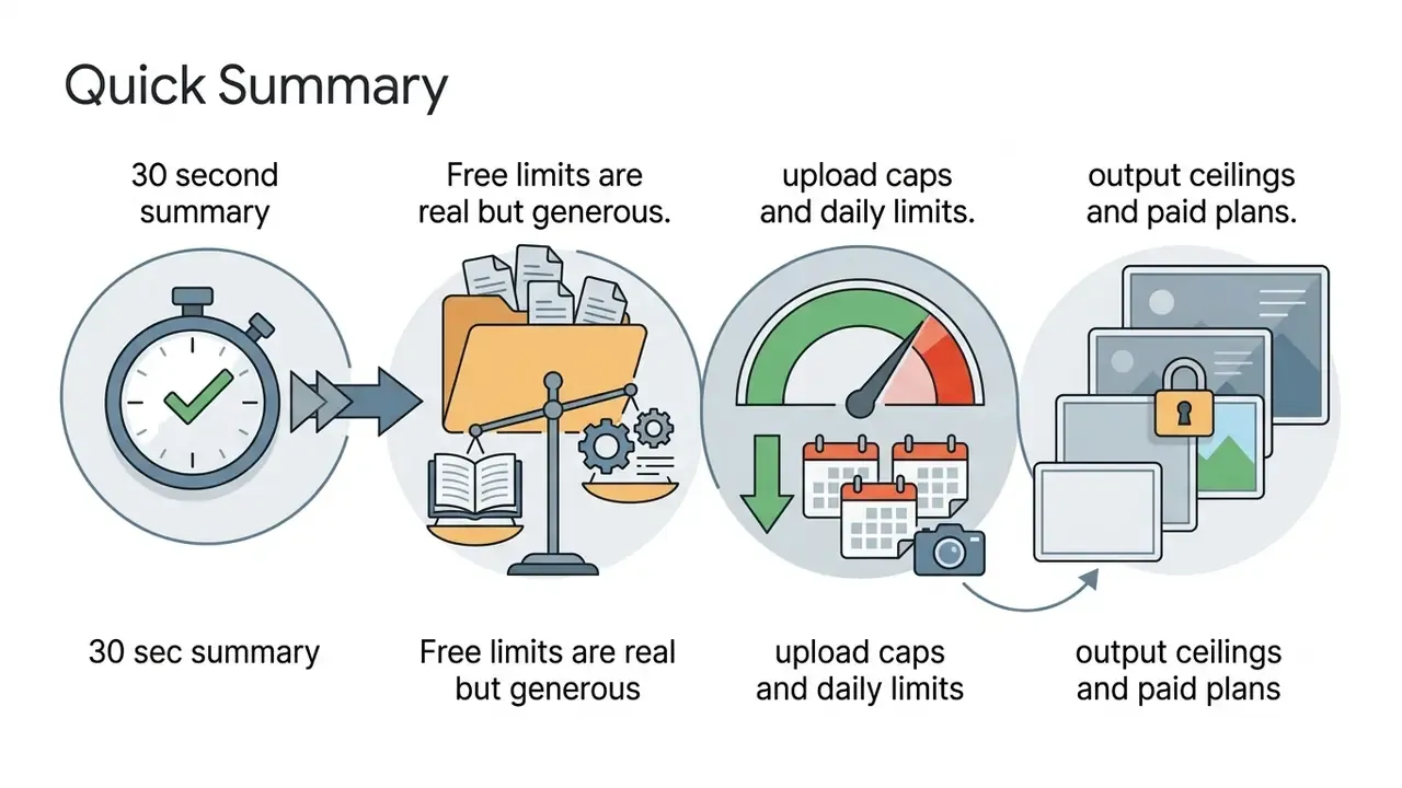 Sequence of icons representing a quick summary of file upload caps, daily usage limits, and paid plan tiers