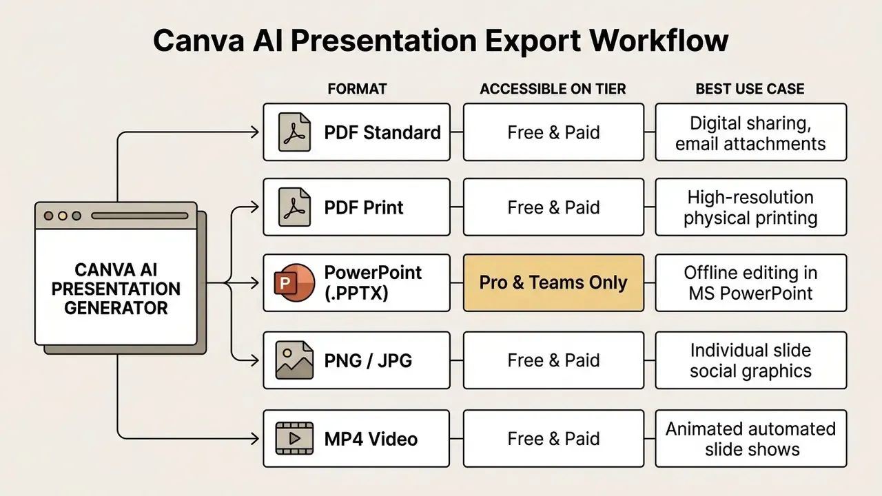 Table showing file formats, subscription tiers, and use cases for exported presentation files