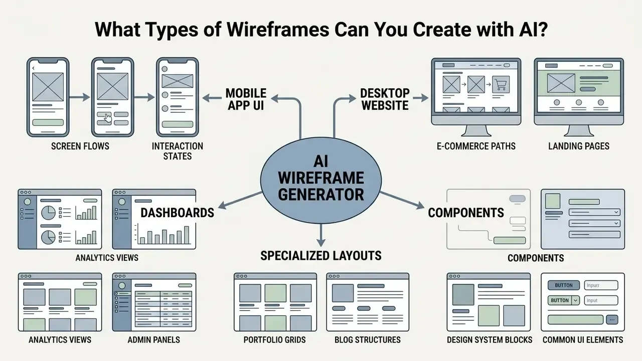 Flow diagram showing how an AI wireframe generator creates mobile apps, websites, dashboards, and layouts