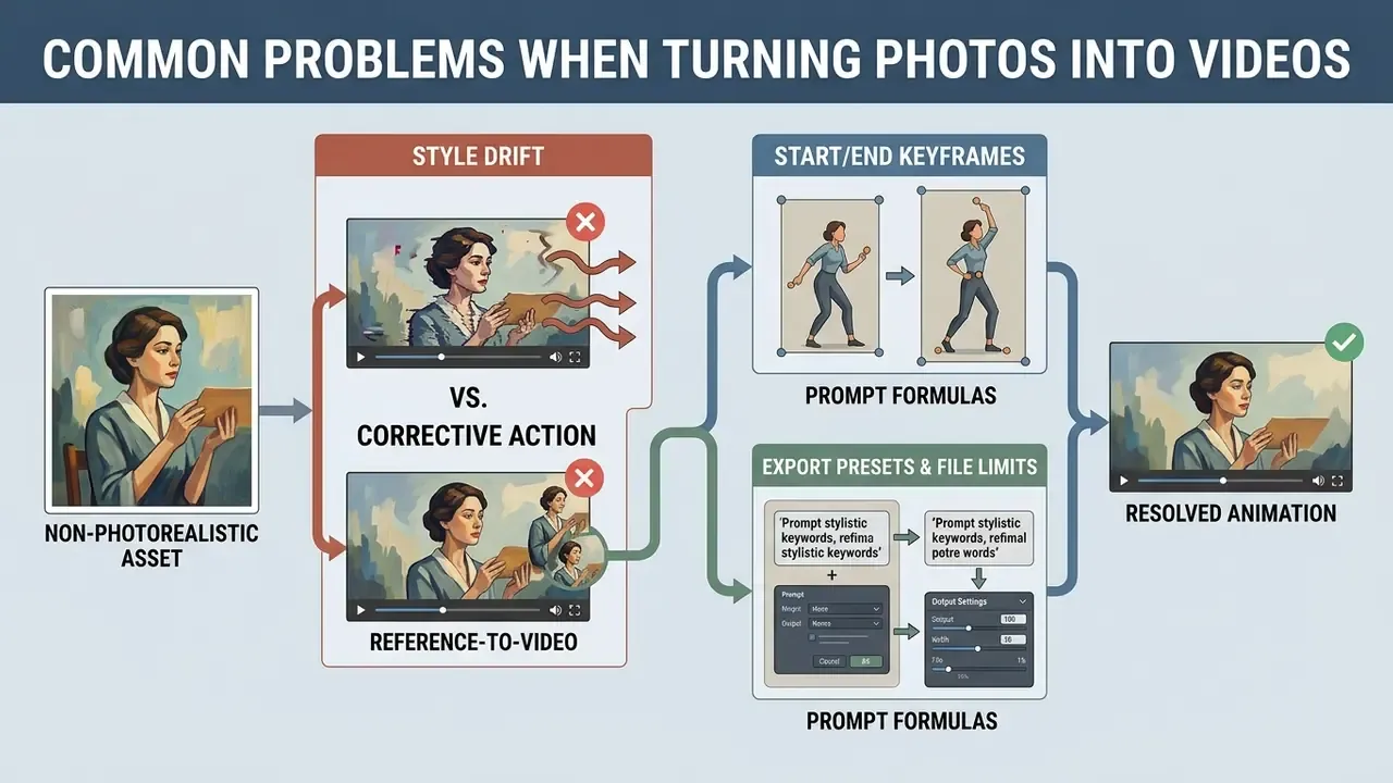 Flowchart showing corrective actions for style drift when using reference images to create a video