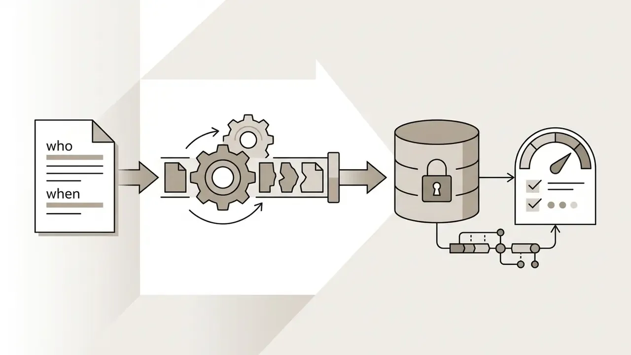 Document metadata flowing through a gear mechanism into a locked database and audit status gauge
