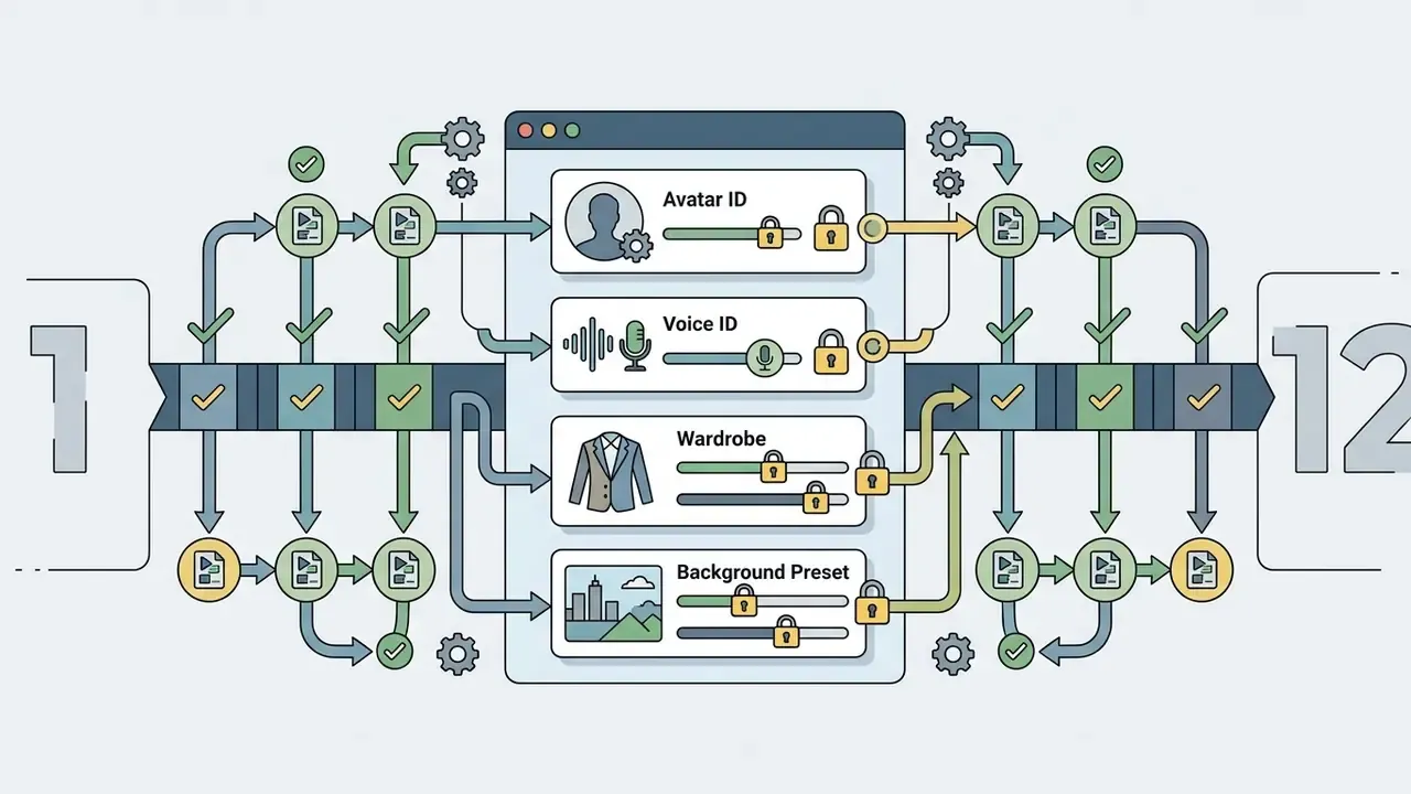 Central control panel locking avatar, voice, wardrobe, and background settings across a video series