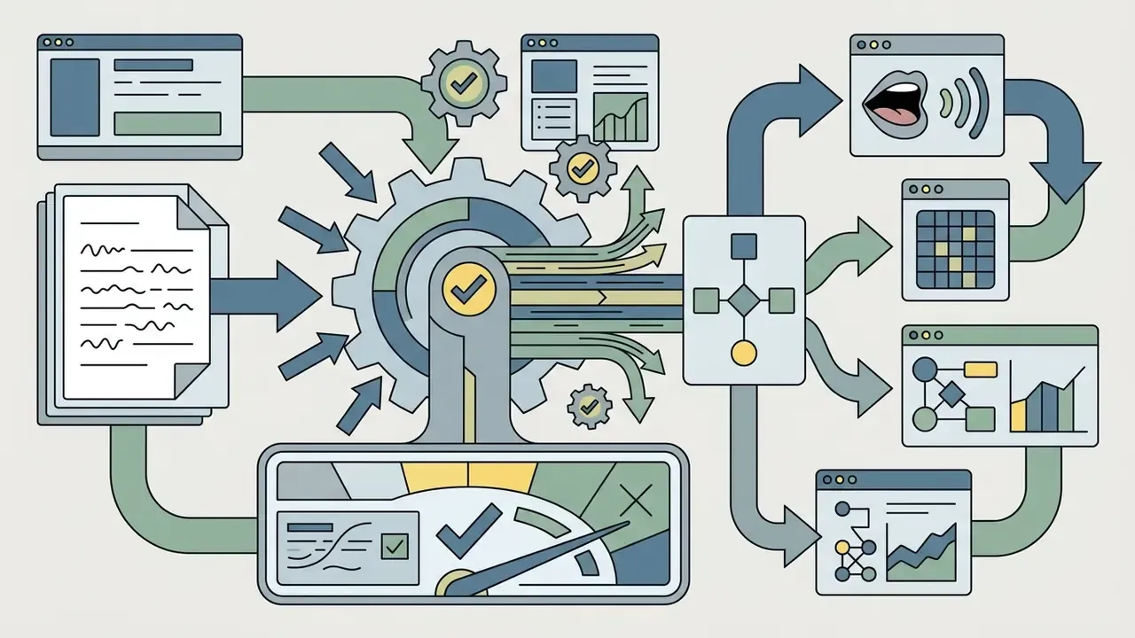 Central gear mechanism processing documents and data into various output windows and performance metrics