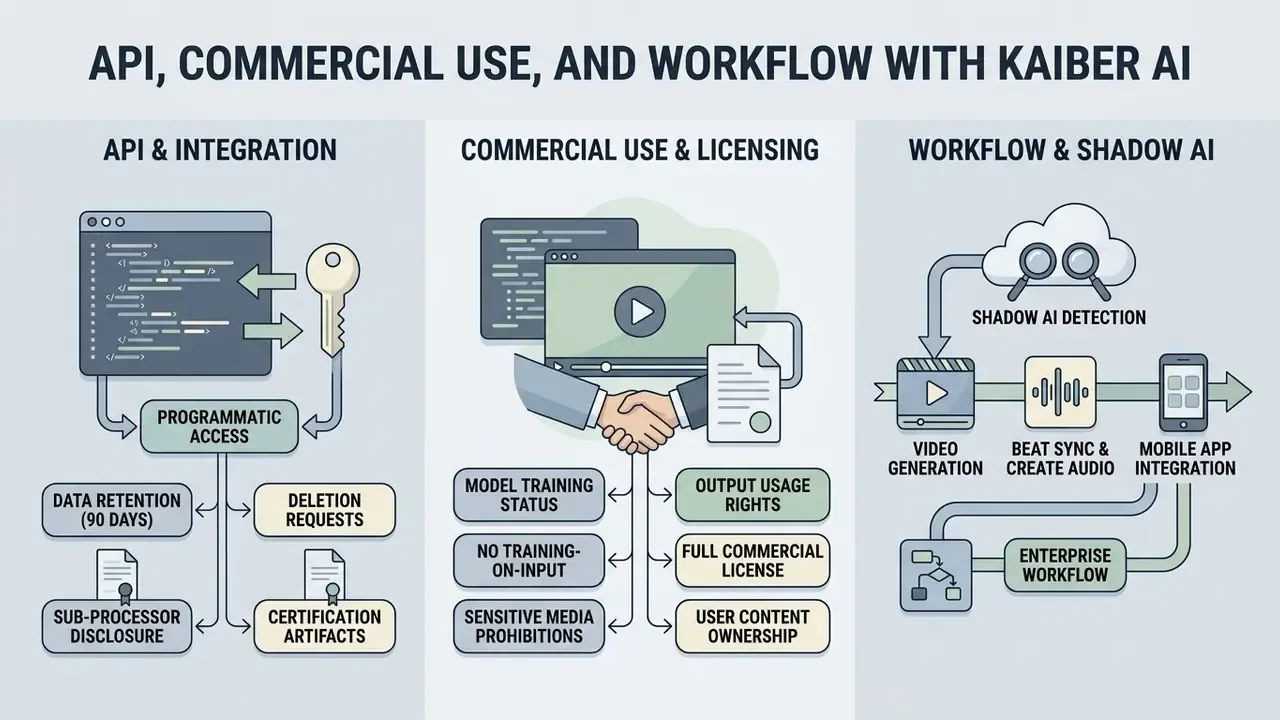 Three-column infographic detailing Kaiber AI integration, licensing, and enterprise workflow processes