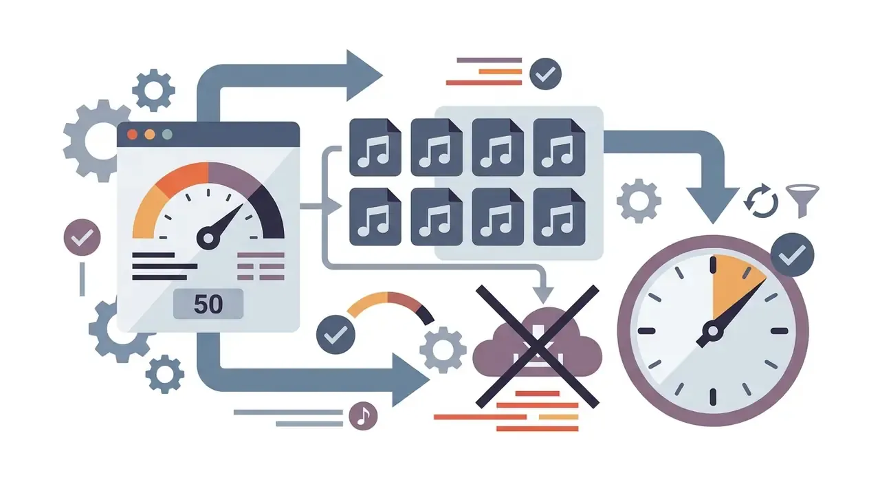 Diagram showing a credit gauge, song file icons, and a clock representing daily generation limits