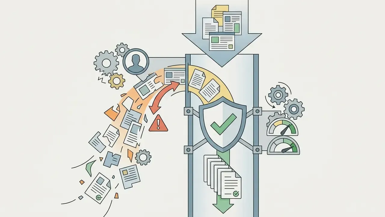 Documents diverted from a secure channel by a user icon into an unmanaged path marked with a warning symbol
