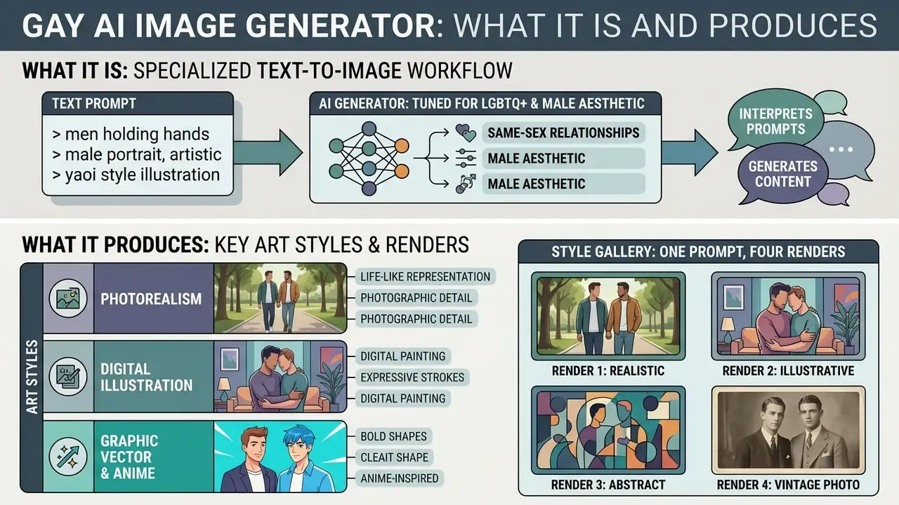 Infographic explaining how a gay AI image generator processes text prompts into diverse artistic styles