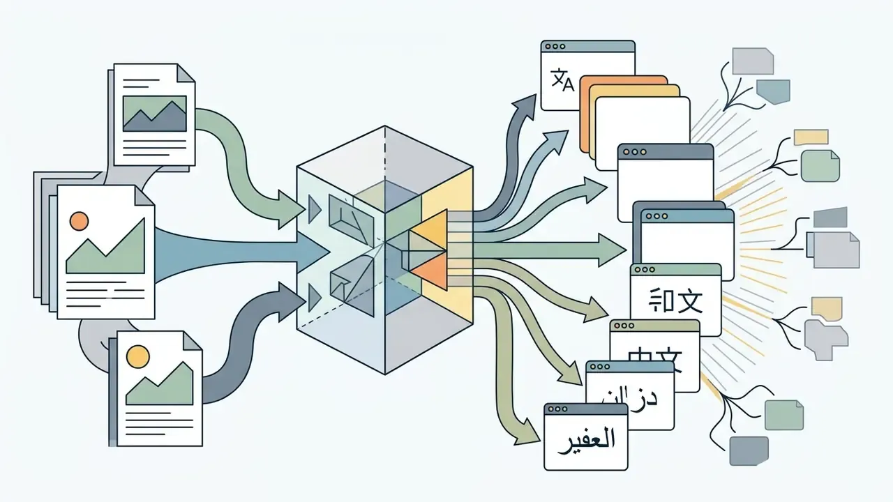 Multiple document files feeding into a central processor that outputs text in various global languages