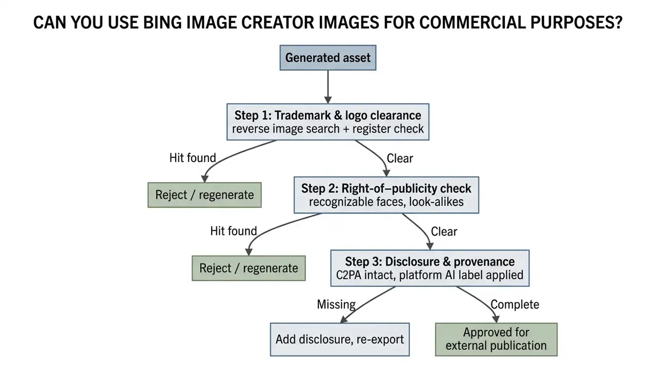 Decision tree outlining legal clearance steps for commercial use of Bing Image Creator assets