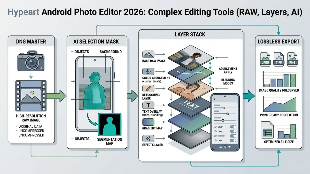 Flowchart showing a RAW image processing workflow from AI masking to layer stacking and lossless export