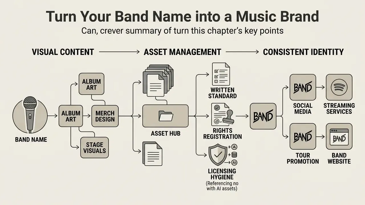 Diagram mapping the progression from a band name to visual content, asset management, and brand identity