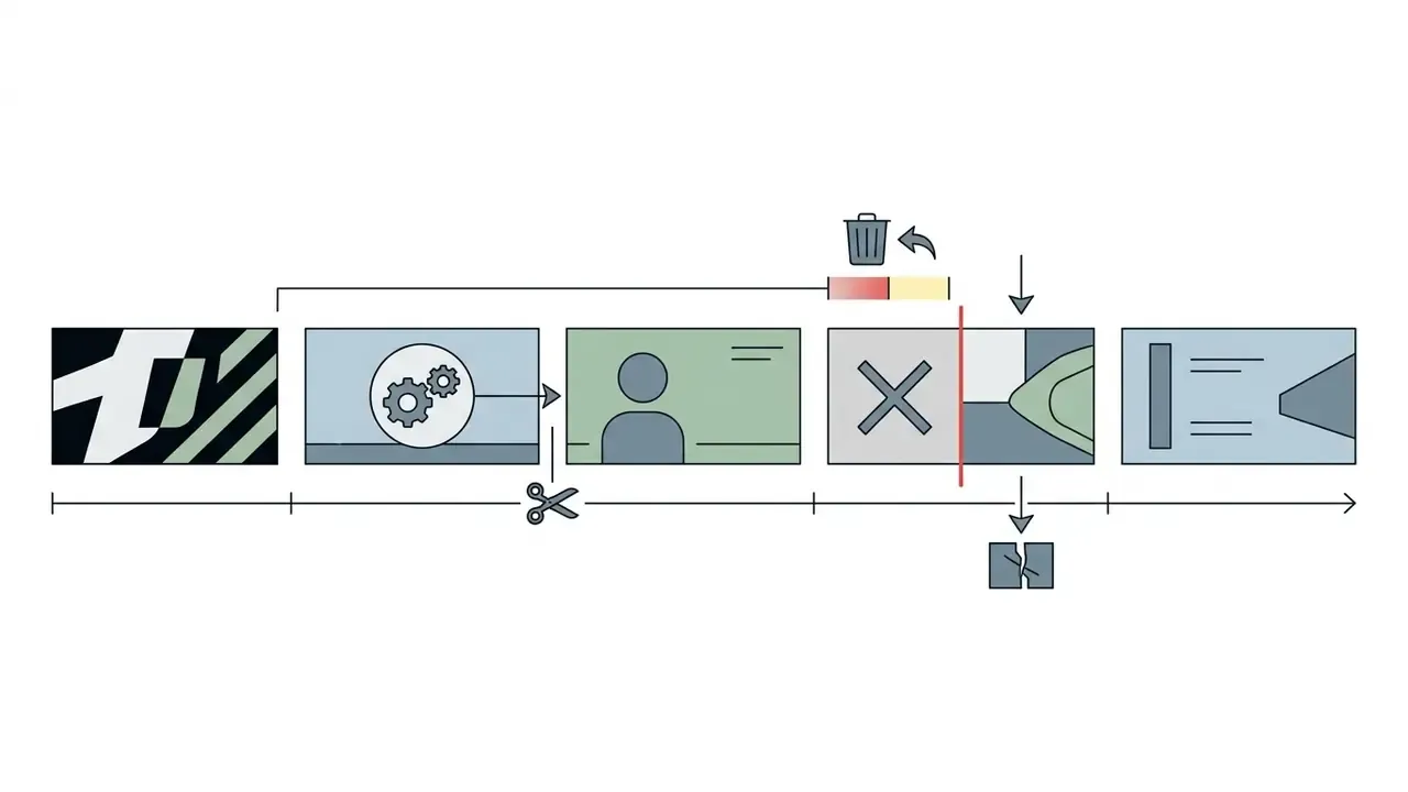 Timeline showing video editing actions like cutting segments, deleting parts, and splitting sequences