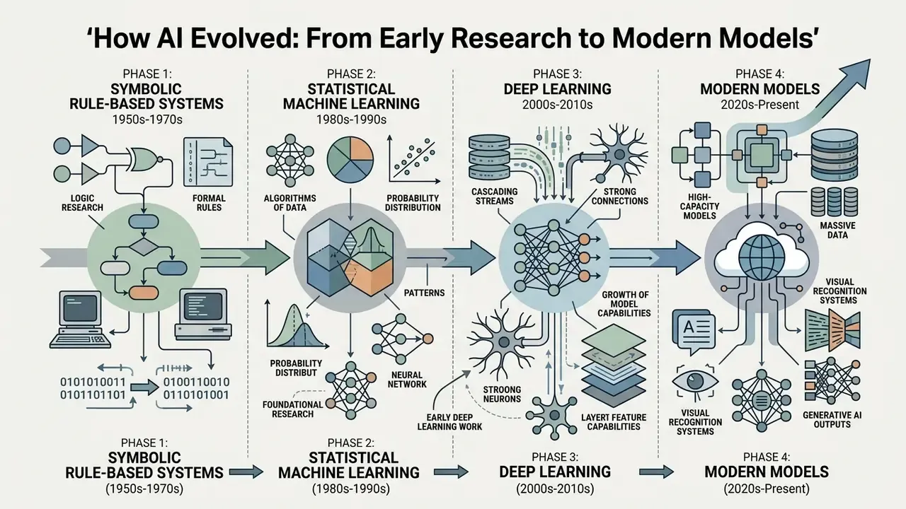 Timeline showing the four historical phases of AI development from symbolic systems to modern models