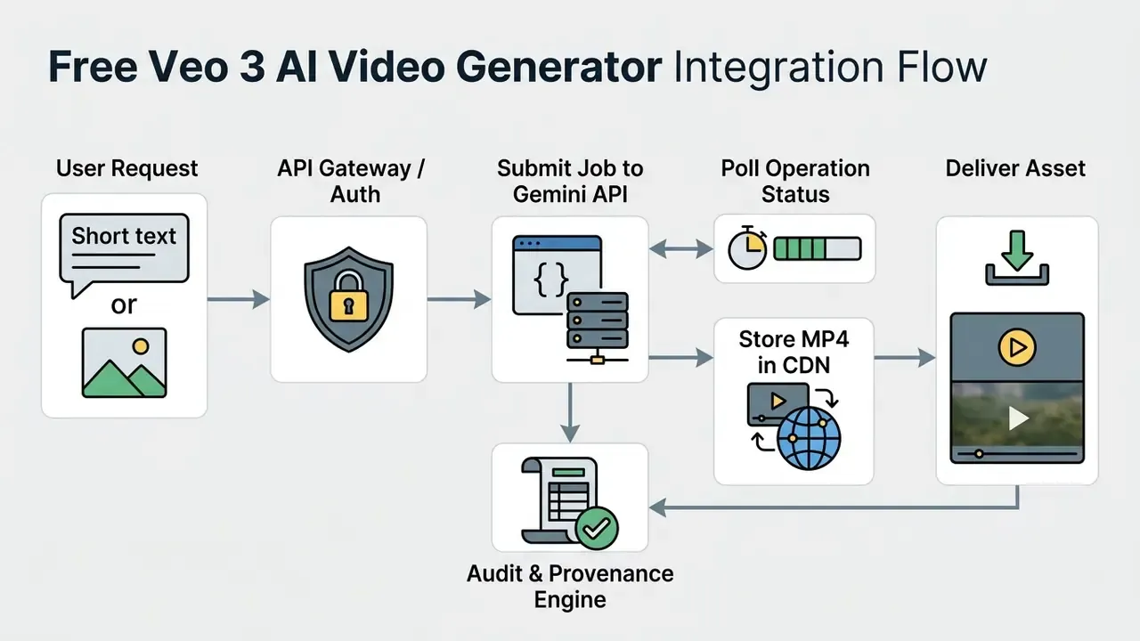 Step-by-step process from user request through Gemini API submission to final asset delivery and auditing