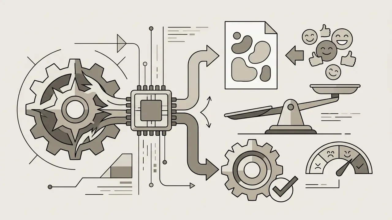 Central processor connecting a gear mechanism to document feedback, social sentiment icons, and a scale