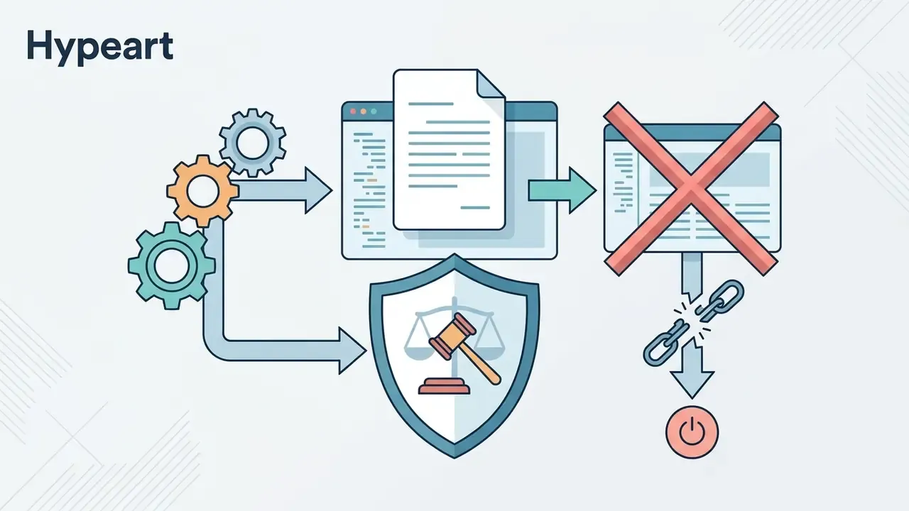 Gears feeding a document into a legal shield, leading to a cancelled process and a broken chain link