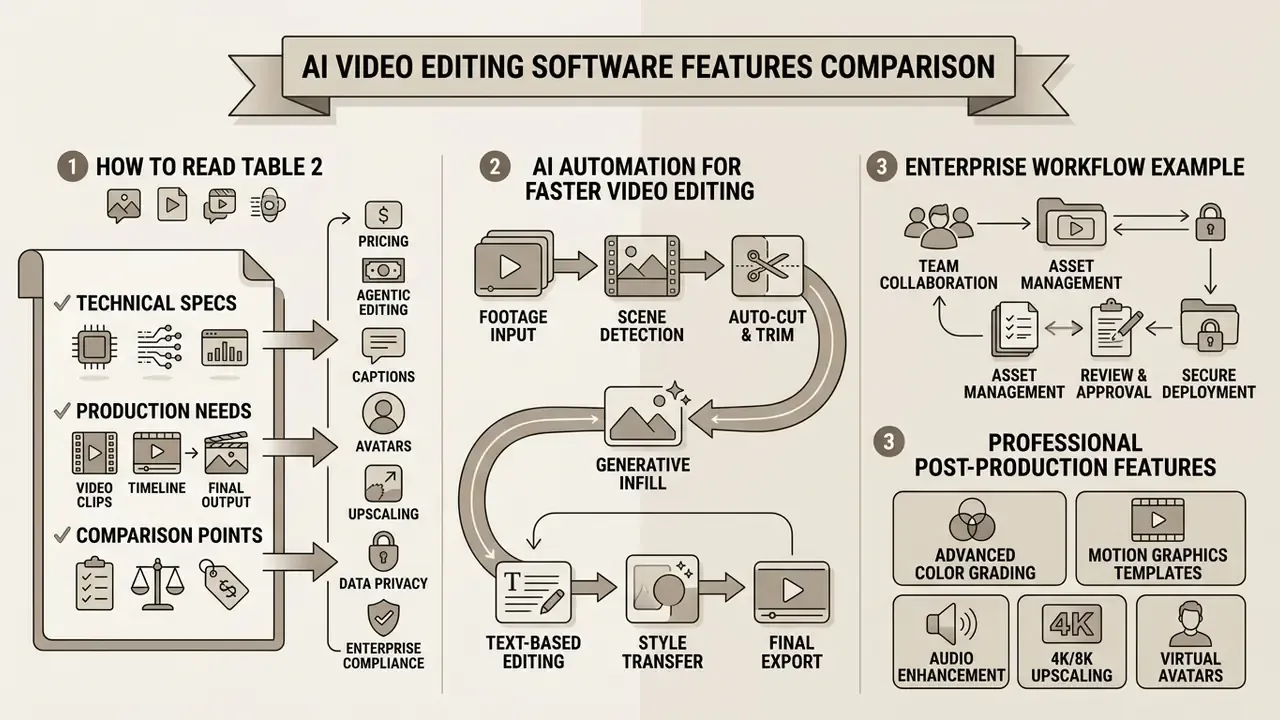 Infographic showing how to read comparison tables, AI automation workflows, and professional features