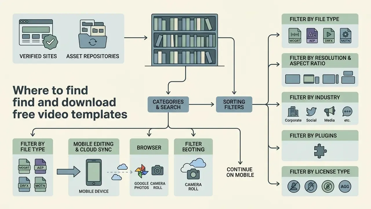 Flowchart detailing the process of searching, filtering, and syncing free video template assets