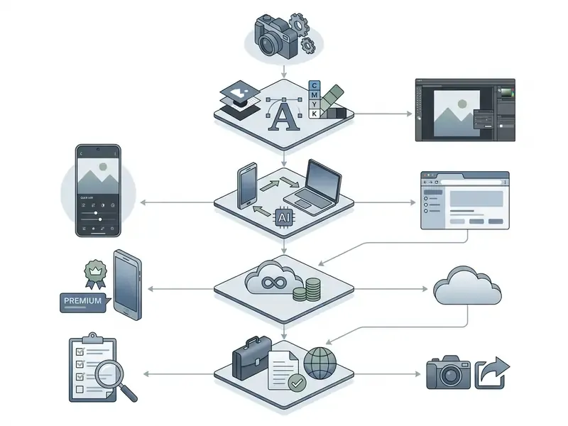 Decision tree diagram evaluating software requirements for photo editing and cloud storage workflows