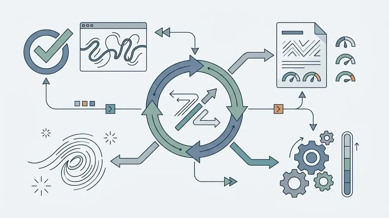 Circular process diagram connecting data inputs, analytics, and mechanical gear icons