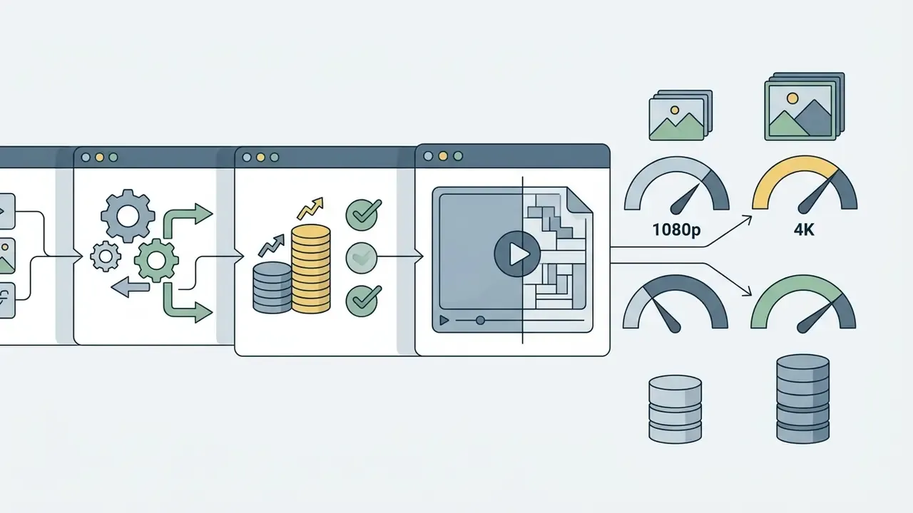 Workflow diagram showing video processing steps leading to resolution gauges and storage capacity icons