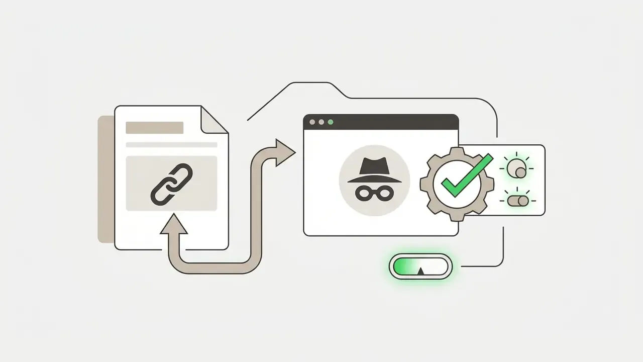 Document with a link icon pointing to a private browser window featuring a gear and checkmark icon