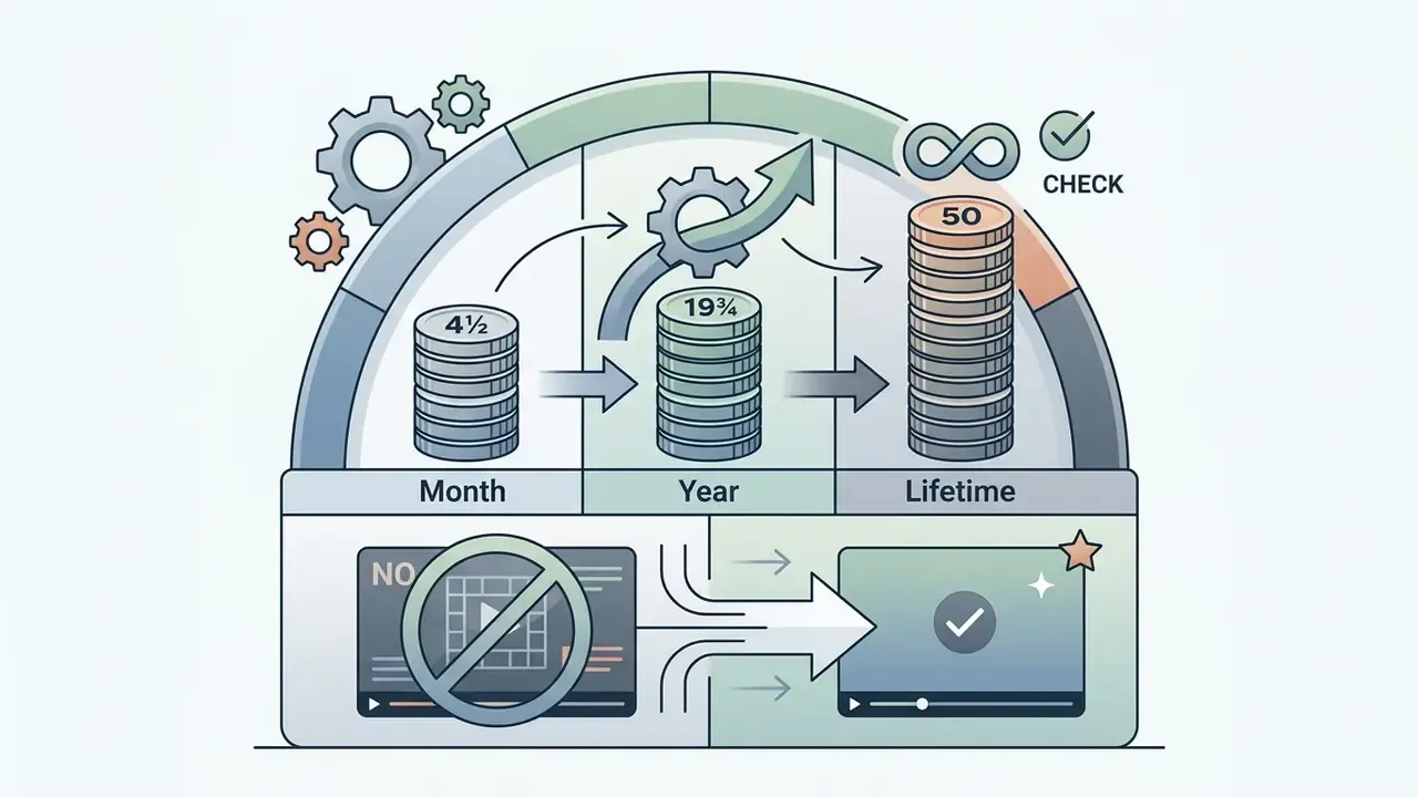 Stacks of coins representing monthly, yearly, and lifetime subscription pricing for video editing software