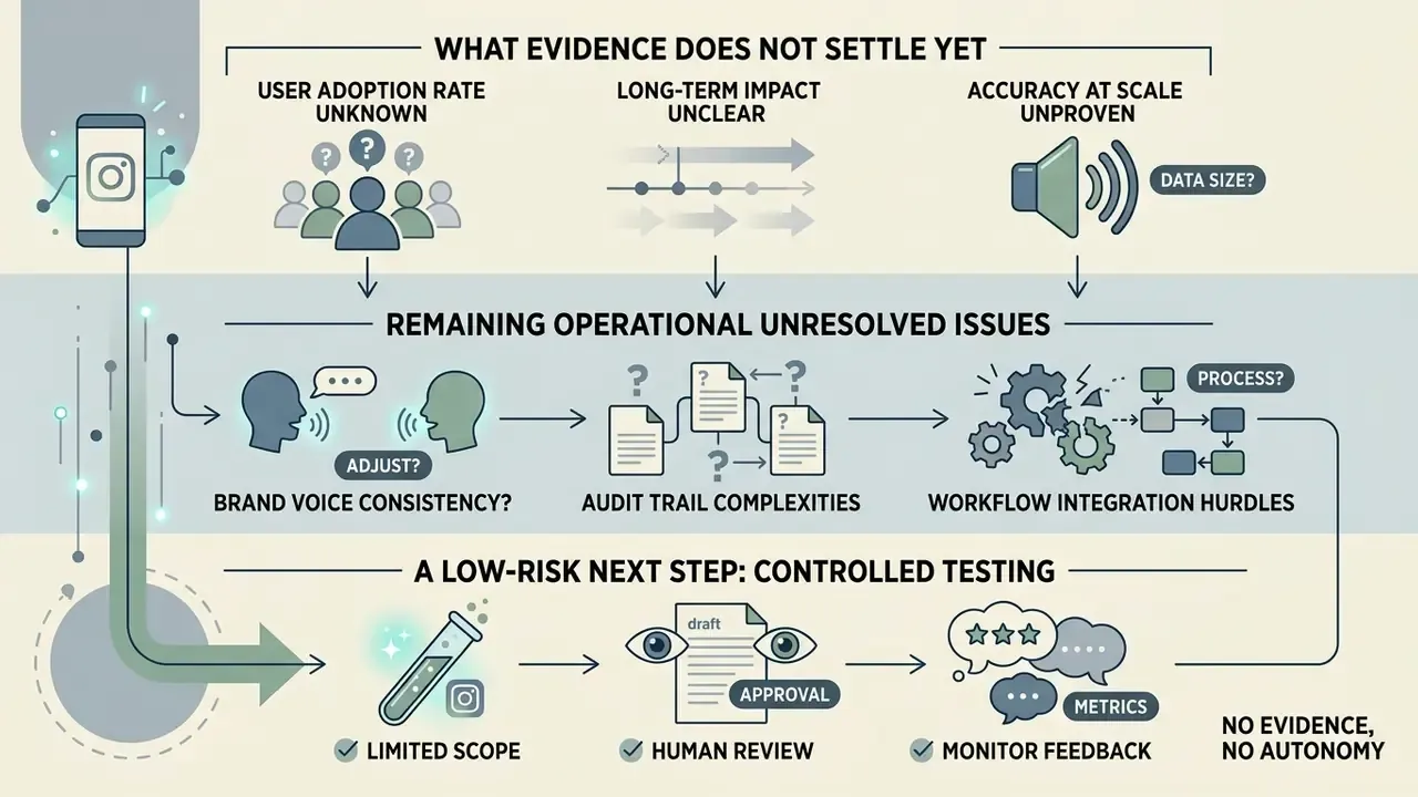Infographic outlining research gaps, operational challenges, and a controlled testing strategy for AI tools