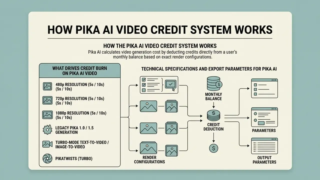Diagram showing how Pika AI video generation costs are calculated based on render configurations