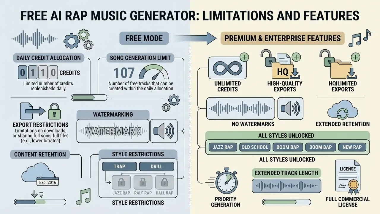 Comparison infographic detailing constraints of free versus premium and enterprise music generation plans