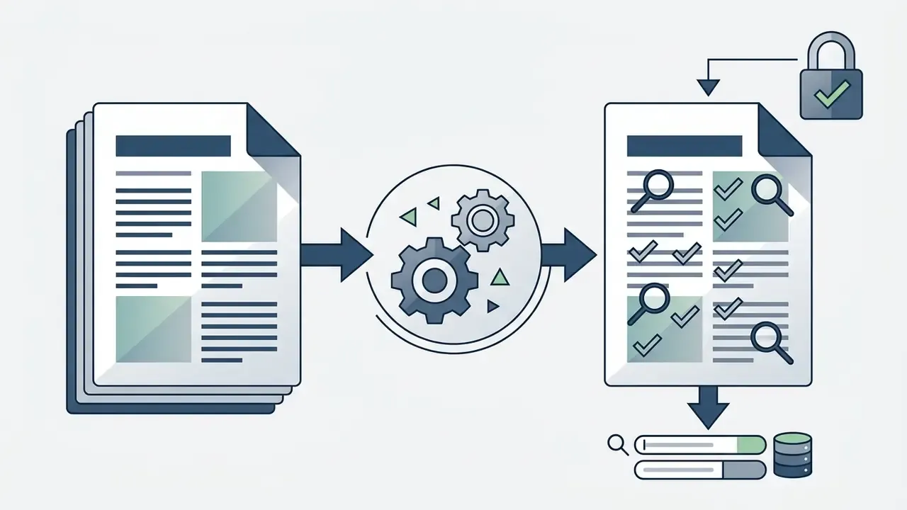 Document pages processed through gears into a searchable PDF with a security lock icon