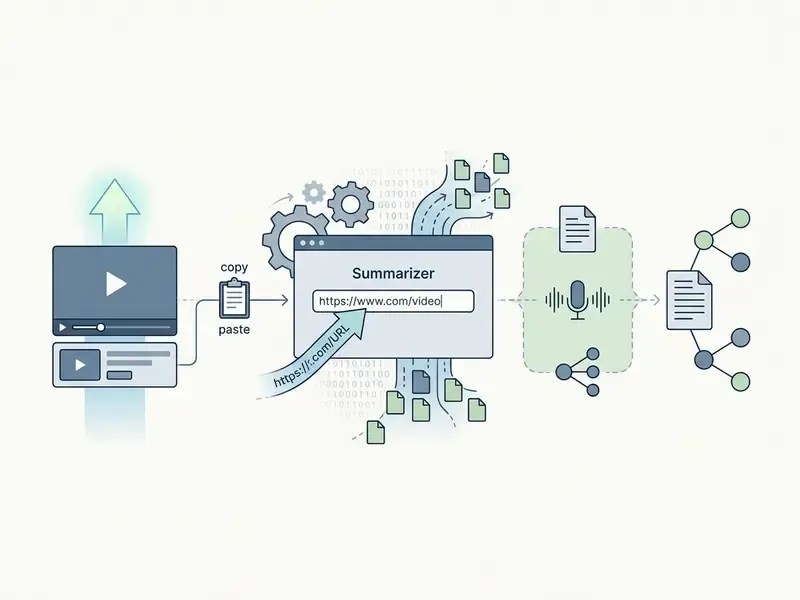 Process flow showing a video URL being pasted into a summarizer to extract and organize content