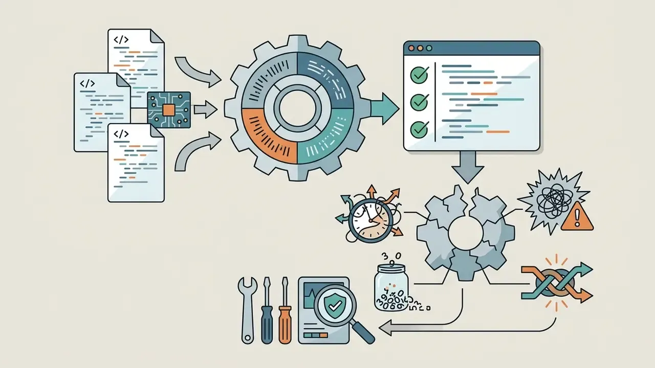 Code files passing through a gear mechanism into a screen before encountering errors and tangled logic