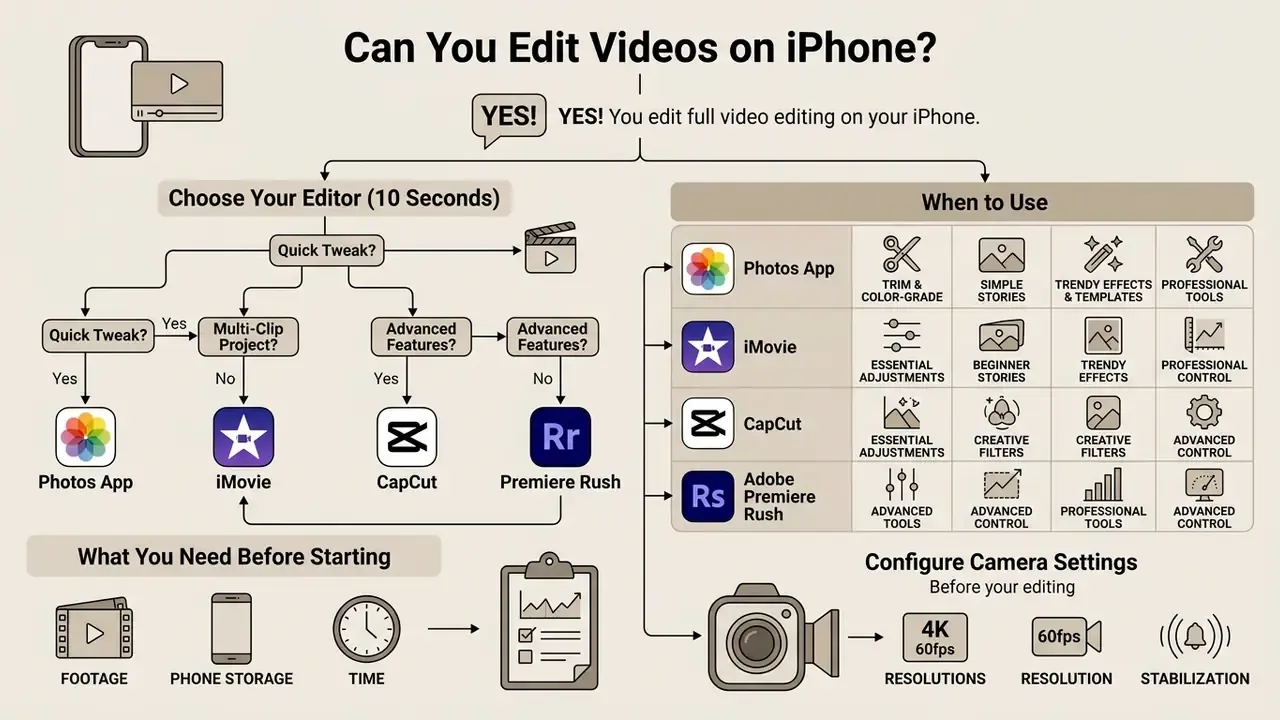 Infographic decision tree comparing iPhone video editing apps and recommended camera settings