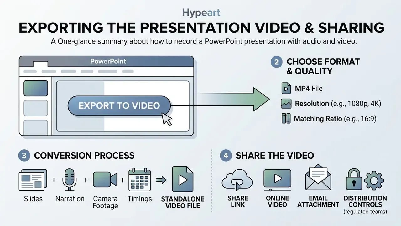 Infographic showing steps to export a PowerPoint presentation as a video file and share it with others