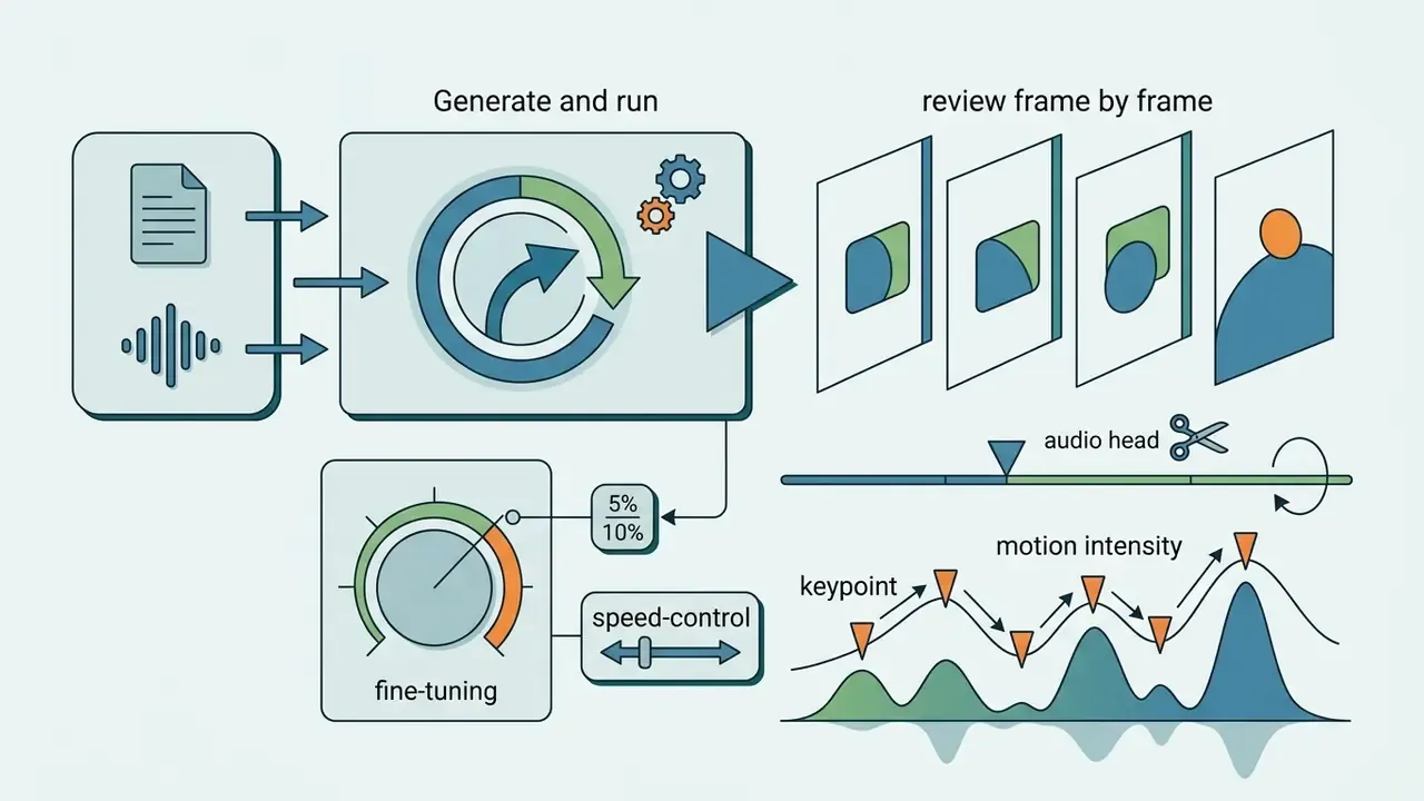 Process showing media generation, frame review, audio trimming, and motion intensity keypoint adjustment