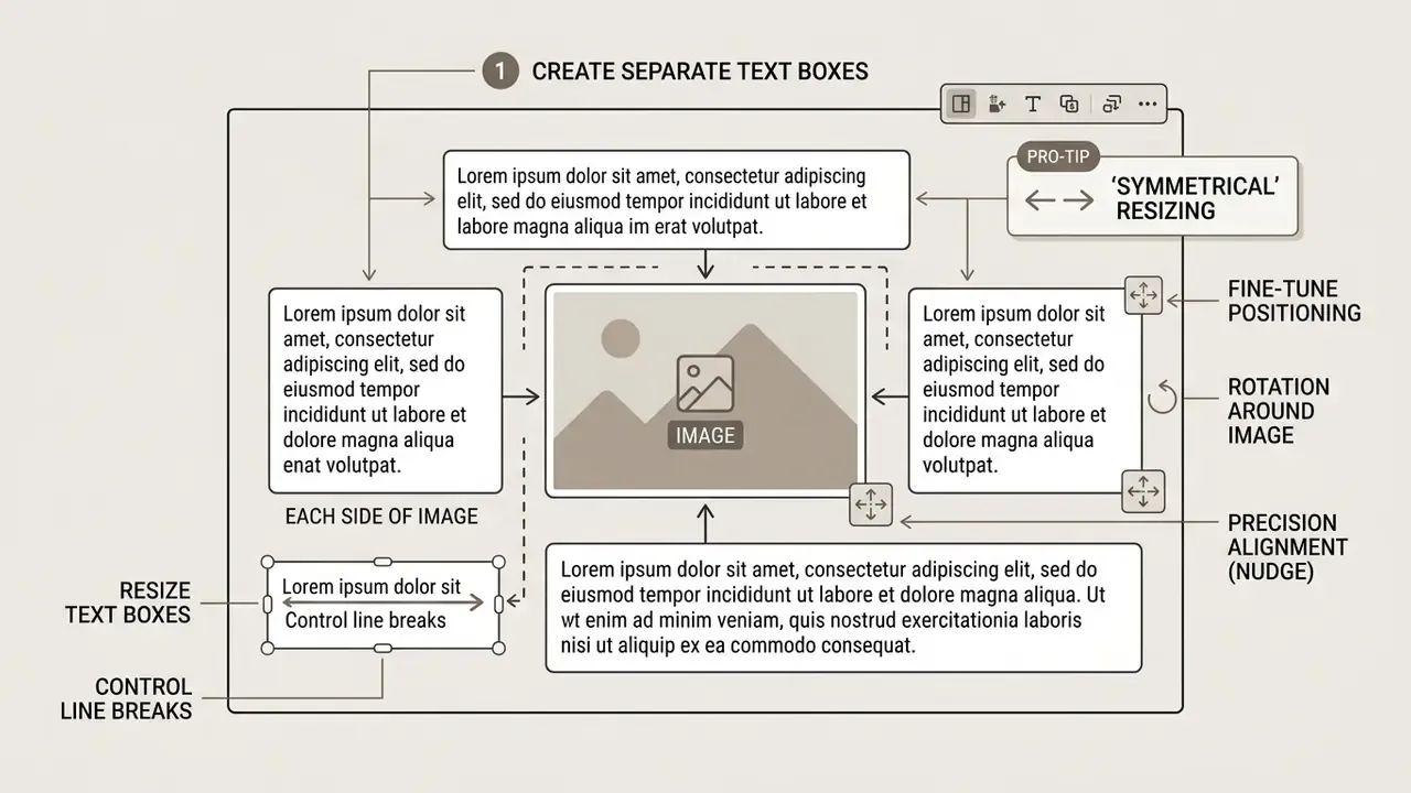Diagram showing how to wrap text around an image by placing separate text boxes on all four sides