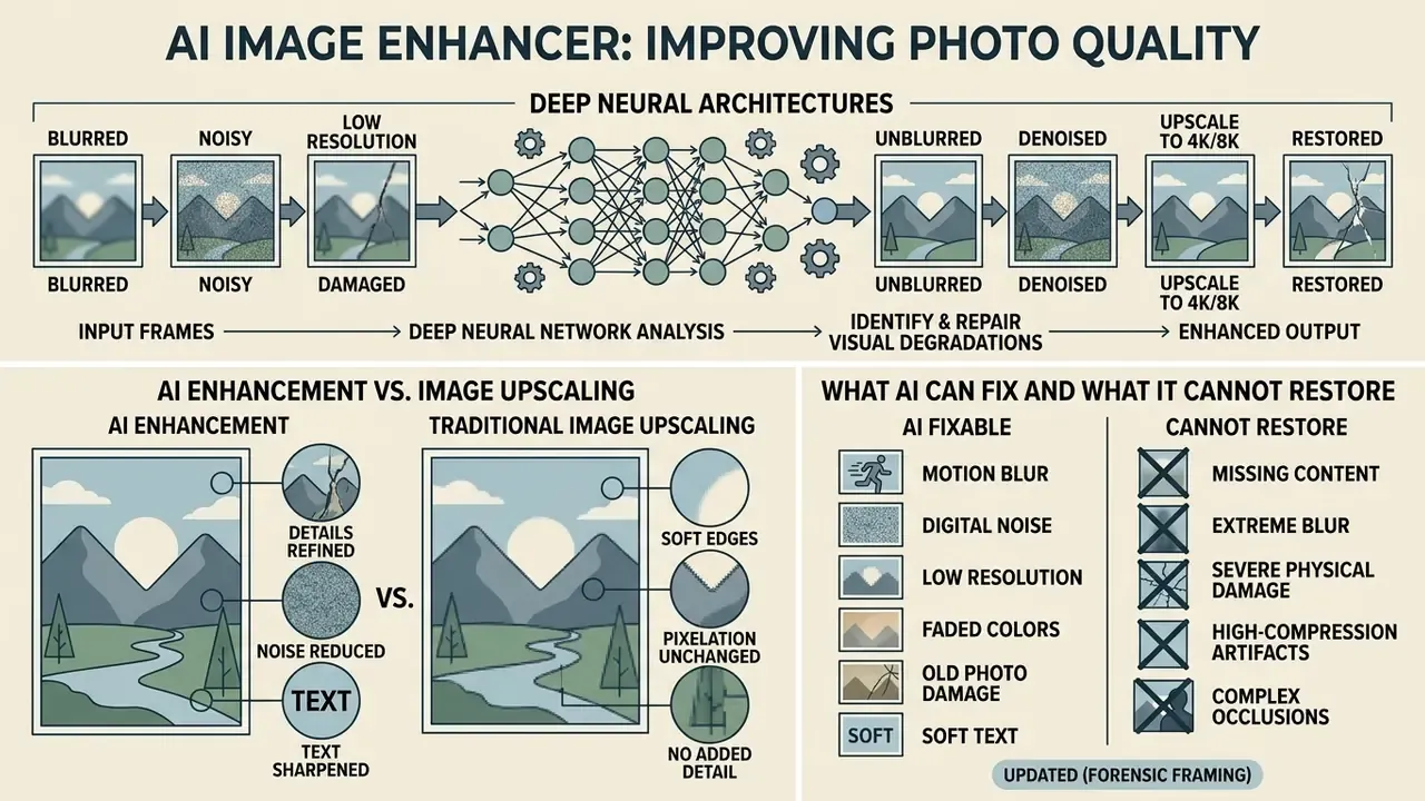 Diagram showing how an AI image enhancer processes input frames through neural networks to repair photos
